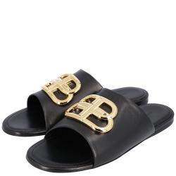 Pre Owned Balenciaga Black Leather Oval BB logo-embellished Slides Size EU 39.5