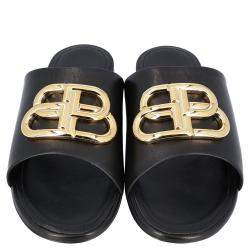 Pre Owned Balenciaga Black Leather Oval BB logo-embellished Slides Size EU 39.5
