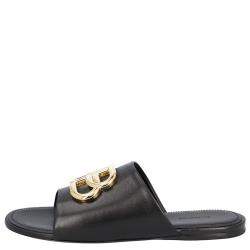 Pre Owned Balenciaga Black Leather Oval BB logo-embellished Slides Size EU 39.5
