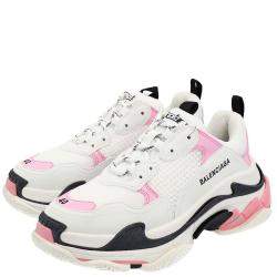 Pre Owned Balenciaga White/Pink Leather and Mesh Triple S Platform Sneakers Size EU 35