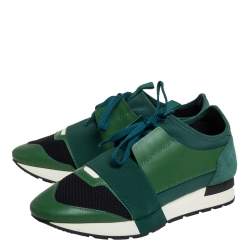 Pre Owned Balenciaga Black/Green Mesh And Leather Race Runner Low Top Sneakers Size 39