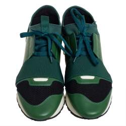 Pre Owned Balenciaga Black/Green Mesh And Leather Race Runner Low Top Sneakers Size 39