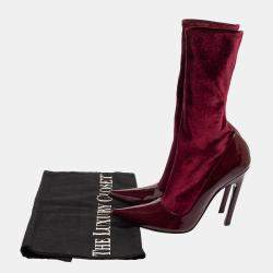 Pre Owned Balenciaga Burgundy Velvet And Patent Leather Knife Mid Calf Boots Size 39