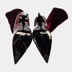 Pre Owned Balenciaga Burgundy Velvet And Patent Leather Knife Mid Calf Boots Size 39
