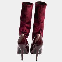 Pre Owned Balenciaga Burgundy Velvet And Patent Leather Knife Mid Calf Boots Size 39