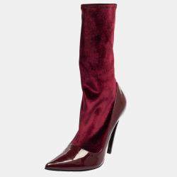 Pre Owned Balenciaga Burgundy Velvet And Patent Leather Knife Mid Calf Boots Size 39