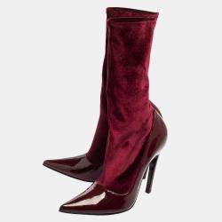 Pre Owned Balenciaga Burgundy Velvet And Patent Leather Knife Mid Calf Boots Size 39