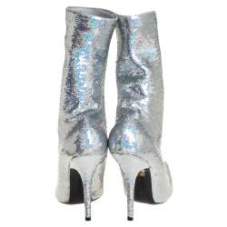 Pre Owned Balenciaga Metallic Silver Sequin Knife Mid Length Boots Size 38