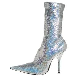 Pre Owned Balenciaga Metallic Silver Sequin Knife Mid Length Boots Size 38