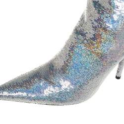 Pre Owned Balenciaga Metallic Silver Sequin Knife Mid Length Boots Size 38