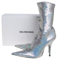 Pre Owned Balenciaga Metallic Silver Sequin Knife Mid Length Boots Size 38