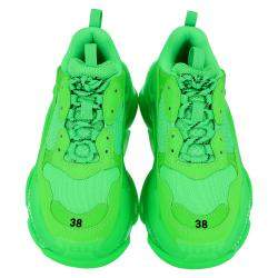 Pre Owned Balenciaga Women Bright Green Leather And Mesh Triple S Sneakers Size EU 39