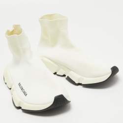 Pre Owned Balenciaga Cream Knit Fabric Speed Trainer Sneakers Size 38