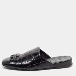 Balenciaga Black Croc Embossed Leather Cosy BB Flat Mules Size 37 