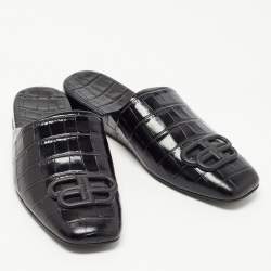 Balenciaga Black Croc Embossed Leather Cosy BB Flat Mules Size 37 