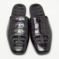 Balenciaga Black Croc Embossed Leather Cosy BB Flat Mules Size 37 