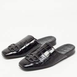 Balenciaga Black Croc Embossed Leather Cosy BB Flat Mules Size 37 