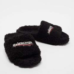 Pre Owned Balenciaga Black Fur Slide Flats Size 39