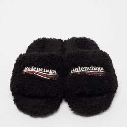 Pre Owned Balenciaga Black Fur Slide Flats Size 39