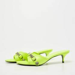 Pre Owned Balenciaga Neon Yellow Leather Cagole Slide Sandals Size 41