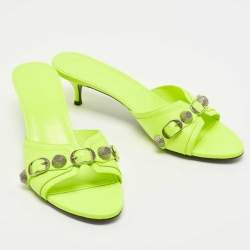 Pre Owned Balenciaga Neon Yellow Leather Cagole Slide Sandals Size 41