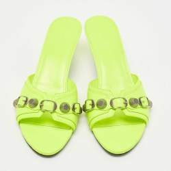 Pre Owned Balenciaga Neon Yellow Leather Cagole Slide Sandals Size 41