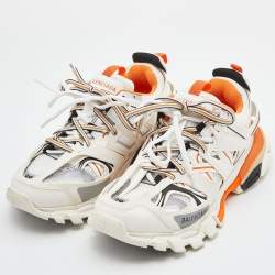 Pre Owned Balenciaga Off White/Orange Leather and Mesh Track Sneakers Size 38