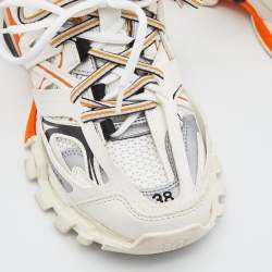 Pre Owned Balenciaga Off White/Orange Leather and Mesh Track Sneakers Size 38