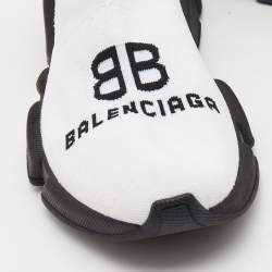 Pre Owned Balenciaga White Logo Print Knit Fabric Speed Sneakers Size 38