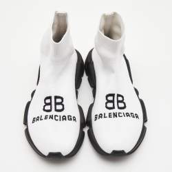 Pre Owned Balenciaga White Logo Print Knit Fabric Speed Sneakers Size 38