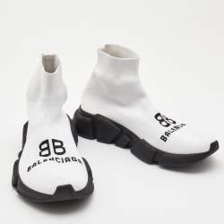 Pre Owned Balenciaga White Logo Print Knit Fabric Speed Sneakers Size 38