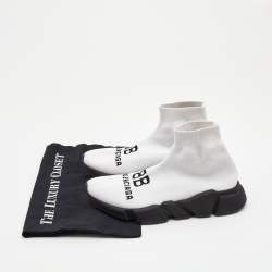 Pre Owned Balenciaga White Logo Print Knit Fabric Speed Sneakers Size 38