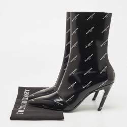 Pre Owned Balenciaga Black Leather Logo Print Booties Size 39