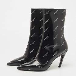 Pre Owned Balenciaga Black Leather Logo Print Booties Size 39