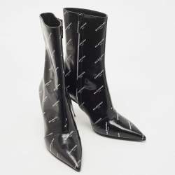 Pre Owned Balenciaga Black Leather Logo Print Booties Size 39