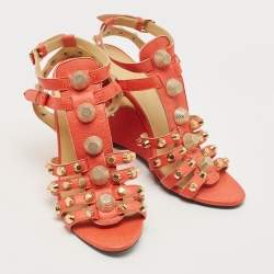 Pre Owned Balenciaga Orange Leather Arena Wedge Sandals Size 41