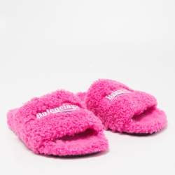 Pre Owned Balenciaga Pink Fur Flat Slides Size 39  