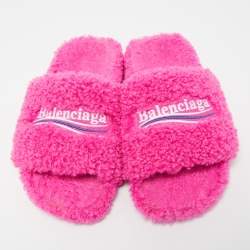 Pre Owned Balenciaga Pink Fur Flat Slides Size 39  