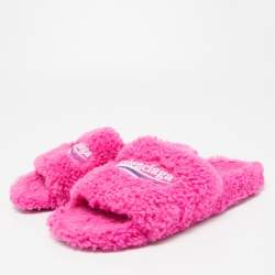 Pre Owned Balenciaga Pink Fur Flat Slides Size 39  