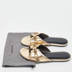 Pre Owned Balenciaga Gold Leather Studded Cagole Flat Slides Size 38