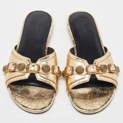 Pre Owned Balenciaga Gold Leather Studded Cagole Flat Slides Size 38
