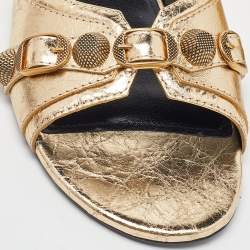 Pre Owned Balenciaga Gold Leather Studded Cagole Flat Slides Size 38