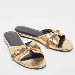 Pre Owned Balenciaga Gold Leather Studded Cagole Flat Slides Size 38