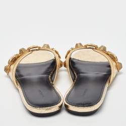 Pre Owned Balenciaga Gold Leather Studded Cagole Flat Slides Size 38