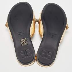 Pre Owned Balenciaga Gold Leather Studded Cagole Flat Slides Size 38