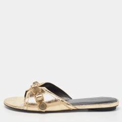Pre Owned Balenciaga Gold Leather Studded Cagole Flat Slides Size 38