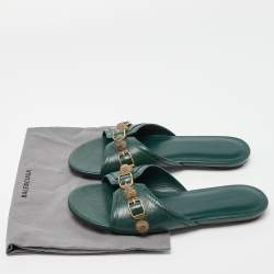 Pre Owned Balenciaga Green Leather Studded Cagole Flat Slides Size 38