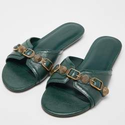 Pre Owned Balenciaga Green Leather Studded Cagole Flat Slides Size 38