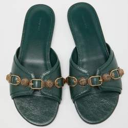 Pre Owned Balenciaga Green Leather Studded Cagole Flat Slides Size 38
