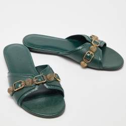 Pre Owned Balenciaga Green Leather Studded Cagole Flat Slides Size 38
